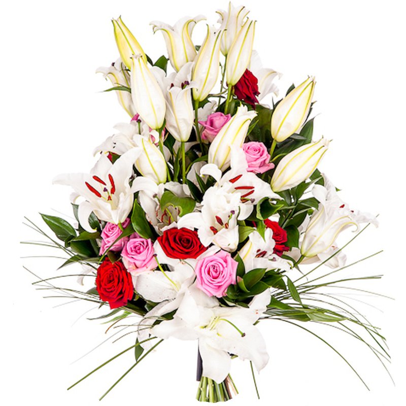 Weiße Lilien und bunte Rosen