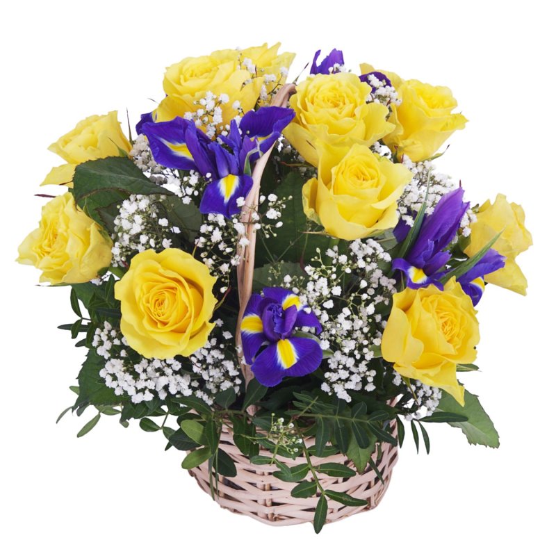 Rosen und Iris in einem Korb
