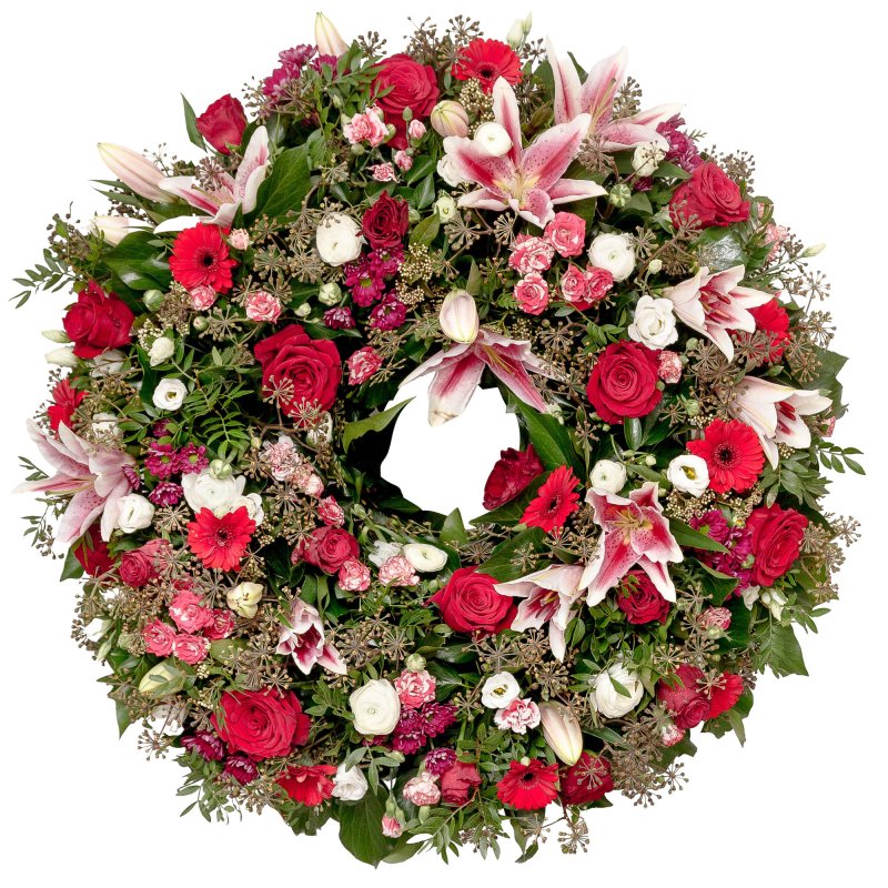 Trauerkranz aus Lilien und Rosen